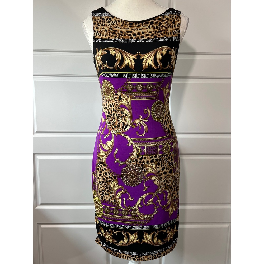 Cache Dress Bodycon Purple Gold Leopard Print Sleeveless Party Mini Size 2